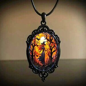 Necklace 3D Witch Bat Black Pendant Dome Beveled PU Leather Gothic Rave Emo NEW